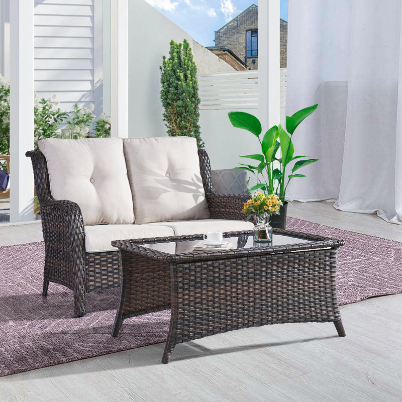 Ensemble de conversation avec canapé et coussins 2 pièces Bonia, Beige, Brun