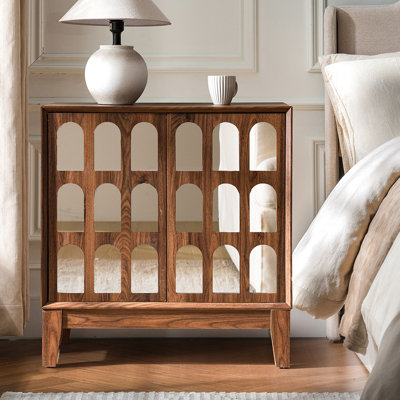 Armoire de rangement à double porte en noyer, design miroir, ton de seadrift foncé, buffet avec pieds en bois massif avec accents et miroir, 28,5 po de profondeur, 15,3 de largeur,