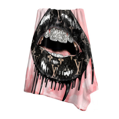 Black Glossy Designer Lips - Fashion Lips Throw Blanket
