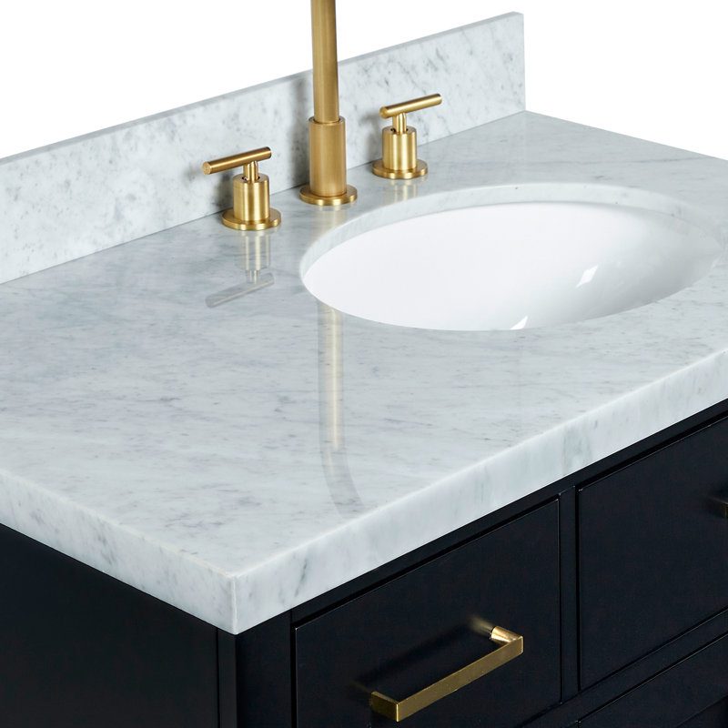ARIEL HEPBURN 37 IN RIGHT OFFSET RECTANGULAR SINK VANITY 1,5 IN, Right, Oval, Black/Brass