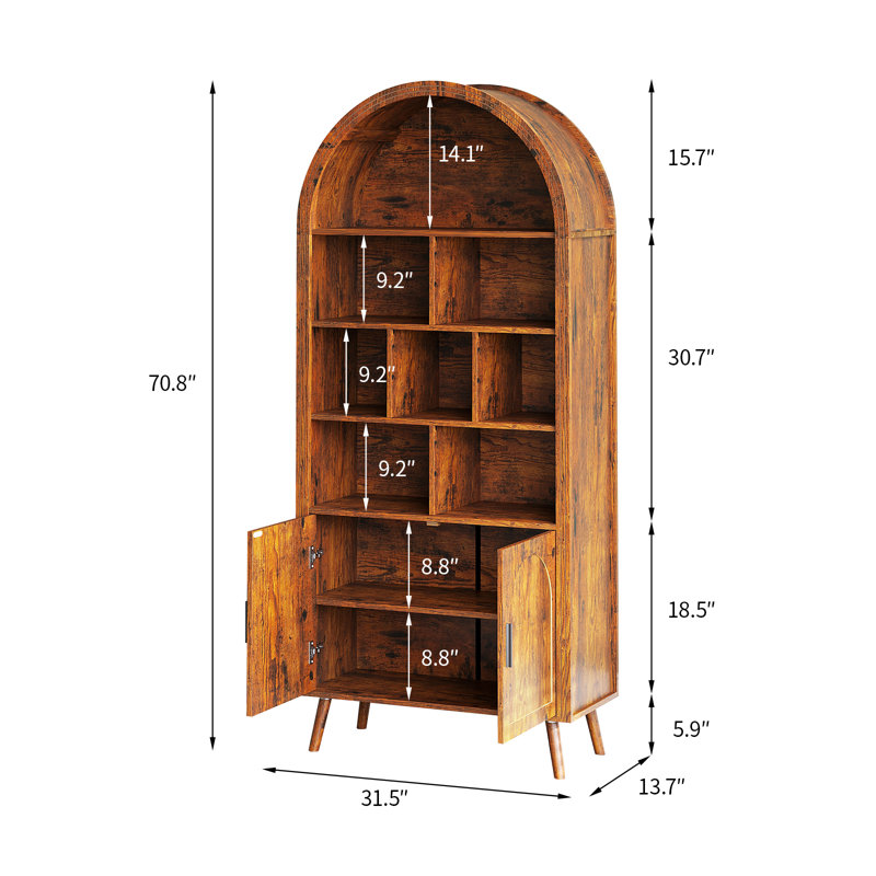 70.8" Tall Arched Bookcase With Storage, Mid Century Modern 6-Tier Cabinet With Door And Drawer, Metal Legs And Metal Handles,Arched Bookshelf With Open Display Shelf For Office Living Room