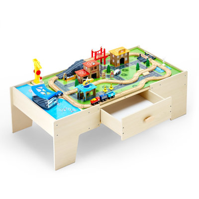 Table de train, 62 pièces d'activités en bois multicolores avec grand tiroir de rangement, ensemble de train en bois 3-en-1 pour jouer, dessiner, lire, manger, ensemble de jouets créatifs pour les enfants de 3 ans et plus
