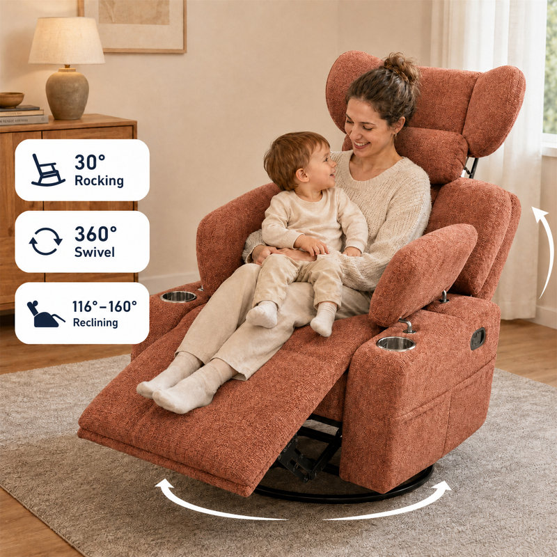 Fauteuil inclinable à bascule extra manuel, Orange / chenille brun foncé