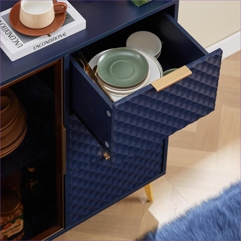 Commode en bois Thane avec 3 tiroirs et portes en verre, Bleu très foncé
