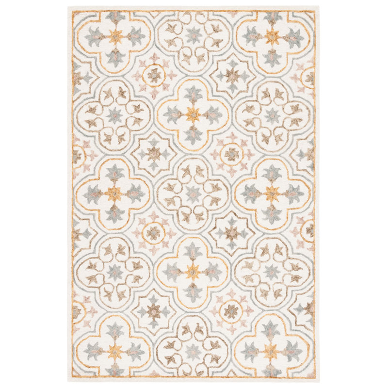 Caleia Micro-Loop Hand Tufted Wool/Cotton Floral Rug in Gray/Orange/Ivory, Rectangle 4' x 6'