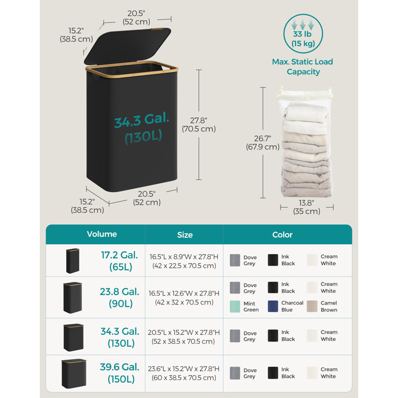 Laundry Hamper with Handles, Black, 52x38.5x70.5cm
