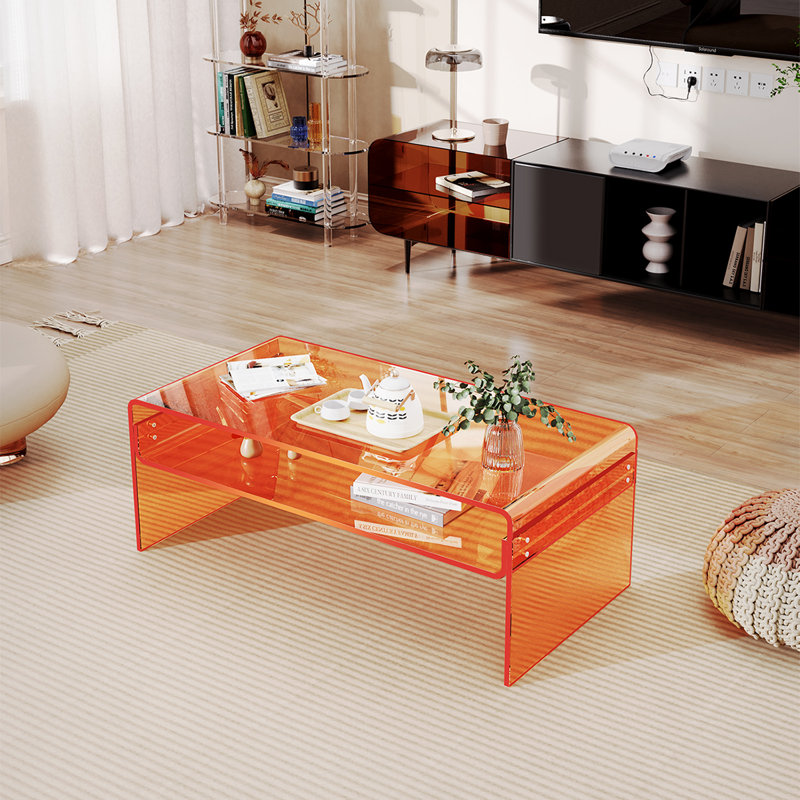 Freysteinn Acrylic Coffee Table,  2 Tiers Clear End Table with Storage Shelf, Orange