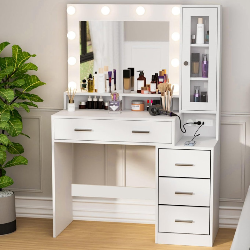 Berkel Dressing Table With Lights, 5 Drawers, Cabinet, Large Mirror, Power Outlet, White