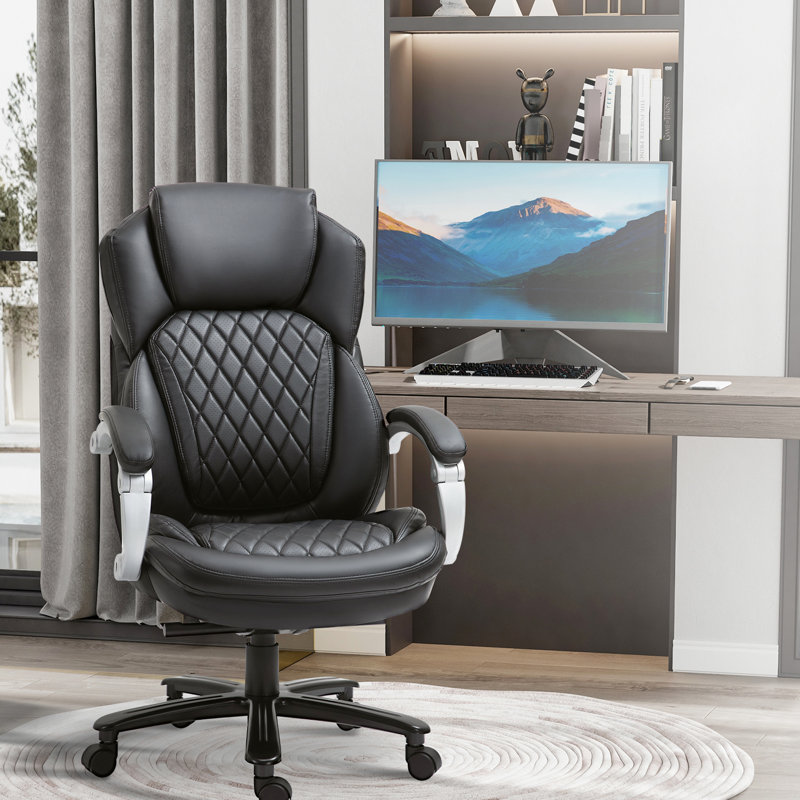 Chaise de bureau noire avec couture à haut dossier en losange, hauteur réglable, siège large pour grand et grand, pivotant à 360 °, hauteur confortable