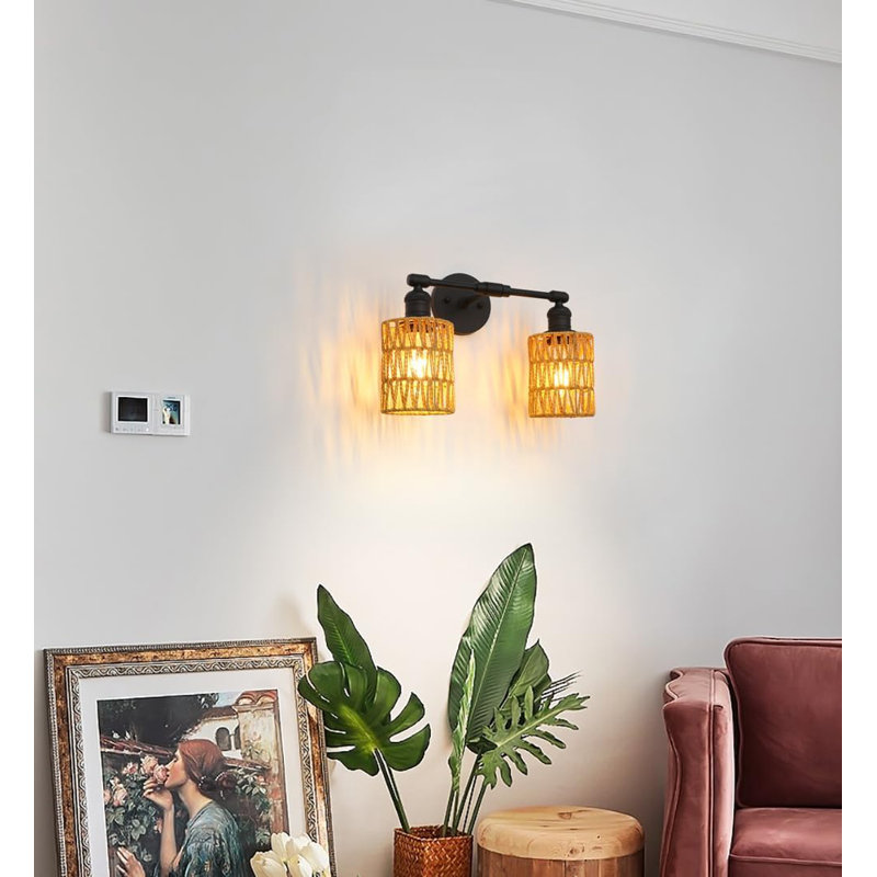Rattan Wall Sconce Light - Hand-Woven Boho Vintage Wall Lamp With Braided Rope Shade, Hardwired Indoor Fixture For Bedroom, Bathroom, Reading Nook