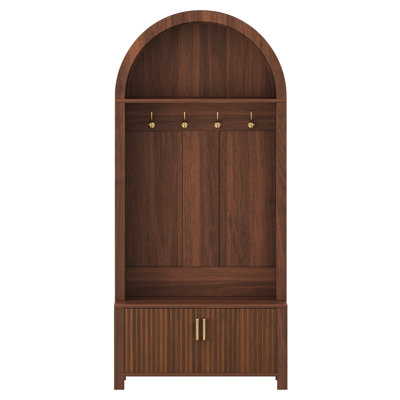 31.5"W Farmhouse Arched Hall Tree with Storage Bench and Fluted Cabinet Doors, Walnut