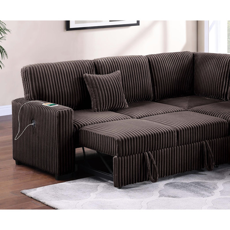 Canapé d'angle convertible moderne 3 pièces avec rangement intégré et lit gigogne, tissu aspect fourrure chocolat, mécanisme, oreiller inclus. Parfait pour le salon. Finition et fibres.