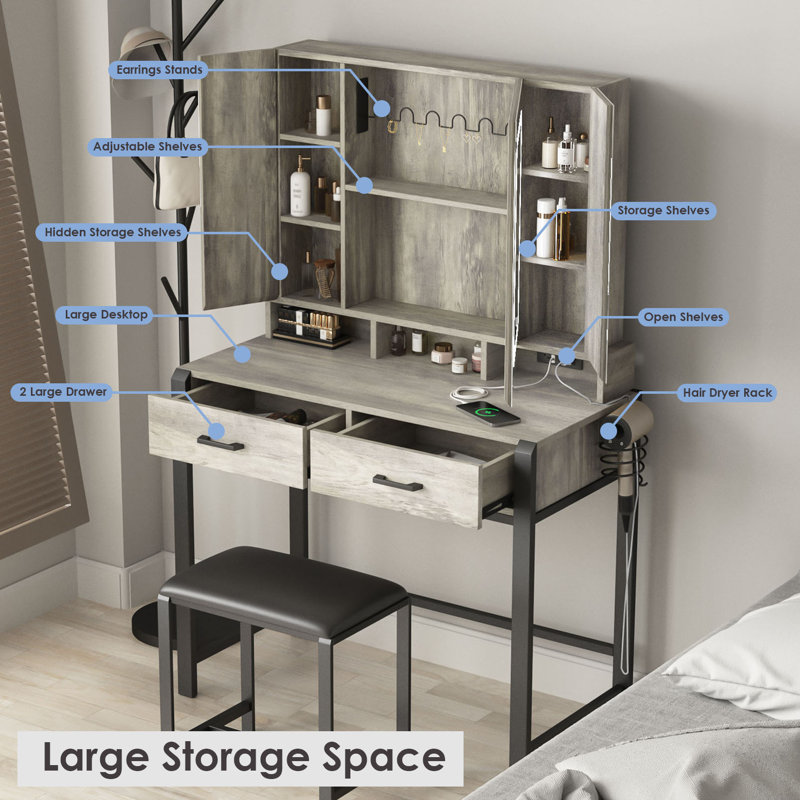 Tri-Fold Mirror Makeup Vanity Table with Lights