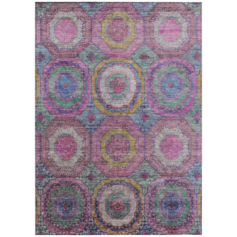 Machine Washable Indoor/Outdoor Xhevrie Pink Rug, Rectangle 9' x 12'