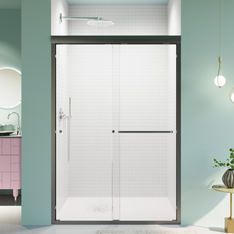 Semi-Frameless Double Sliding Shower Door with Tempered Glass, 44"-48"W x 72"H, Matte Black