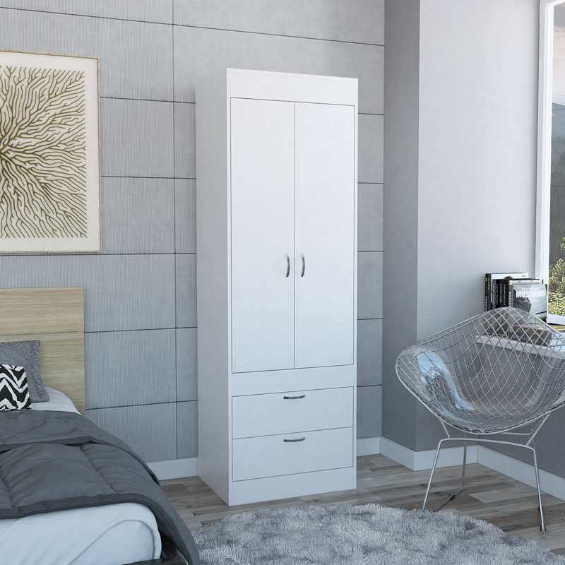Lisboa Armoire with Double Doors, 2 Drawers, and Hanging Rod, White