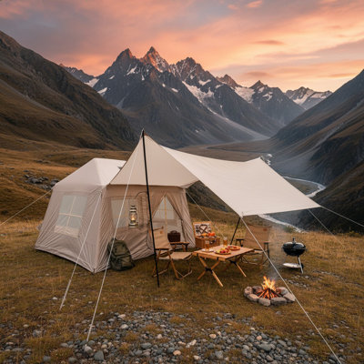 Tente de camping gonflable de 5,72 m², tentes de glamping, tente d'extérieur coupe-vent en coton 4 saisons avec prise de poêle, fenêtres en filet et pompe