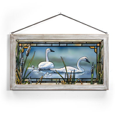 SGA SWAN NEW BEGIN 13X23 ; BOURDET; STAINED GLASS ART WHITEWASH FRAMED