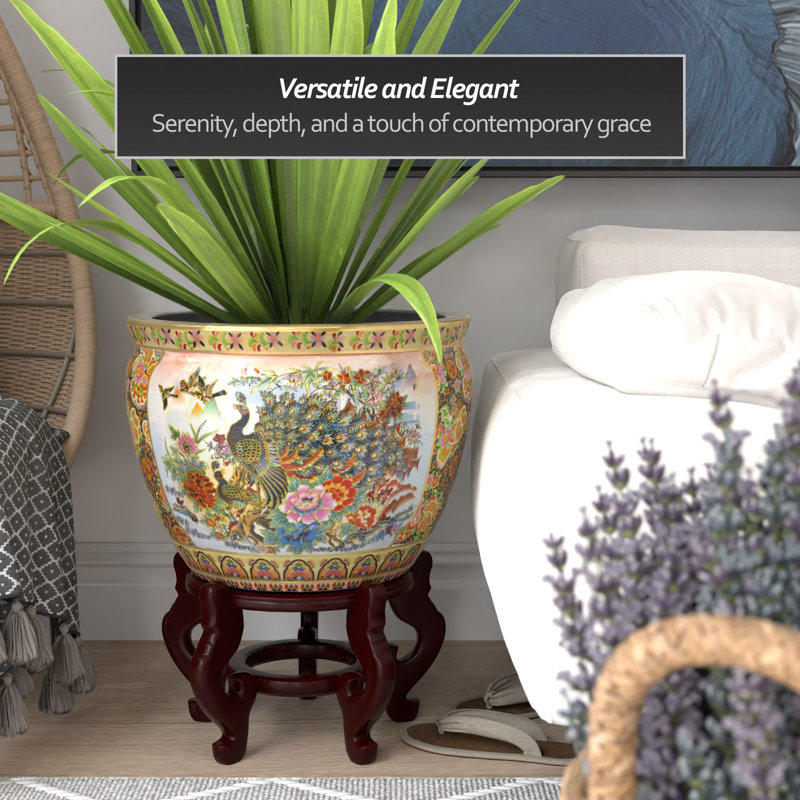 Satsuma Garden & Peacock Porcelain Fishbowl, 13.5" H x 18" W x 18" D, Peacock