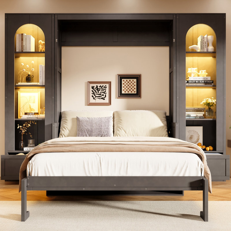 Murphy Bed With Drawers And Led, Gray