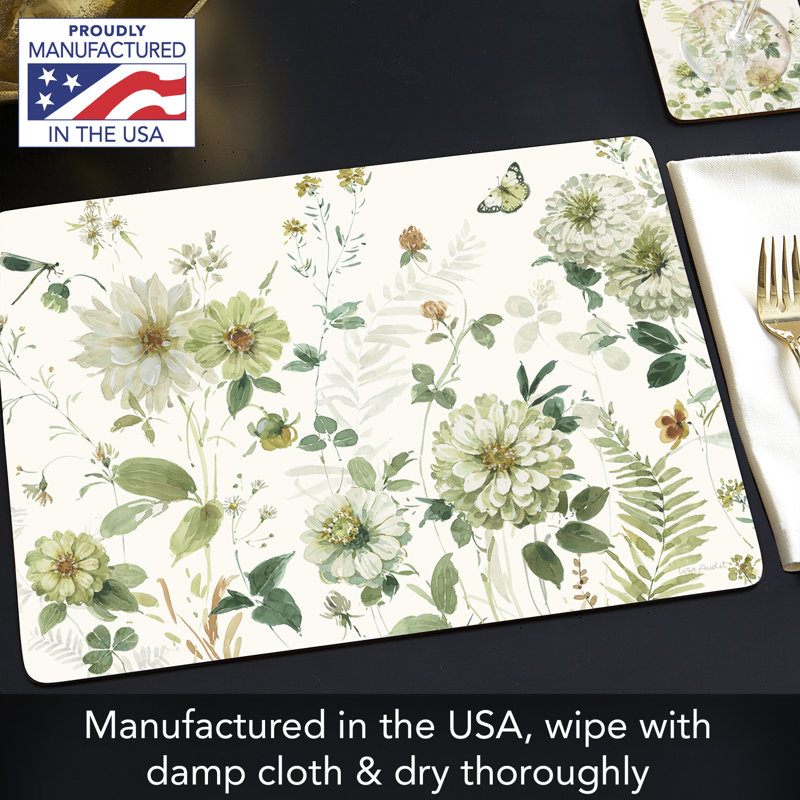 Green Floral Hardboard Cork Back Rectangular Placemats, Set of 4