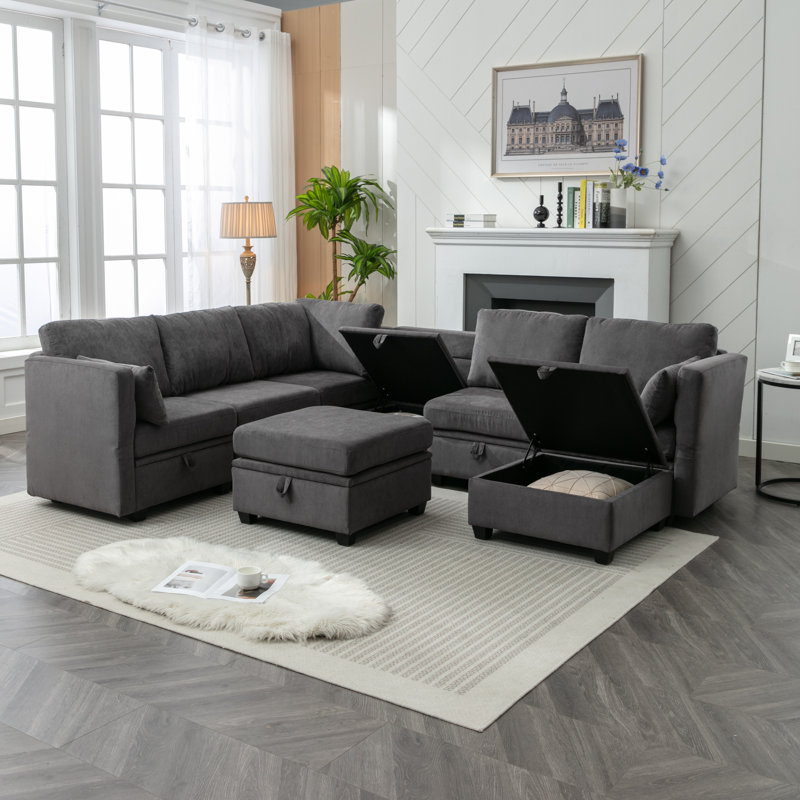 Calkins Upholstered Sofa Sectional, Dark Gray Polyester