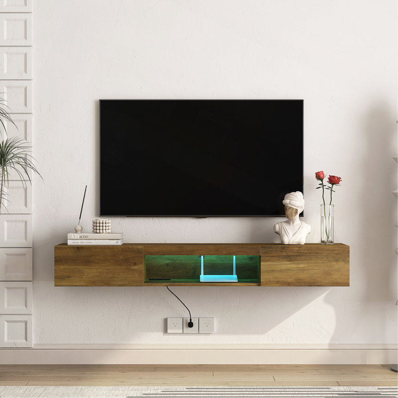 Meuble télé flottant, meuble télé mural avec lumières DEL et prise de courant, meuble télé flottant mural de 65 po avec 16 couleurs DEL - brun
