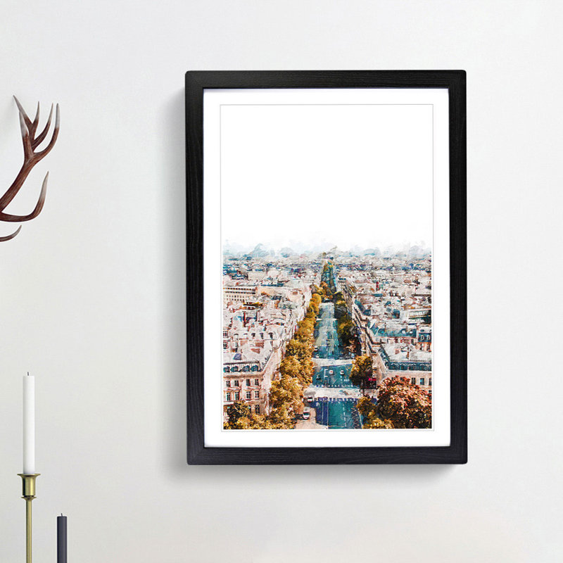 Road Through the Paris Skyline - Picture Frame Painting Print, 36cm H x 27cm W x 2cm D, Black Framed