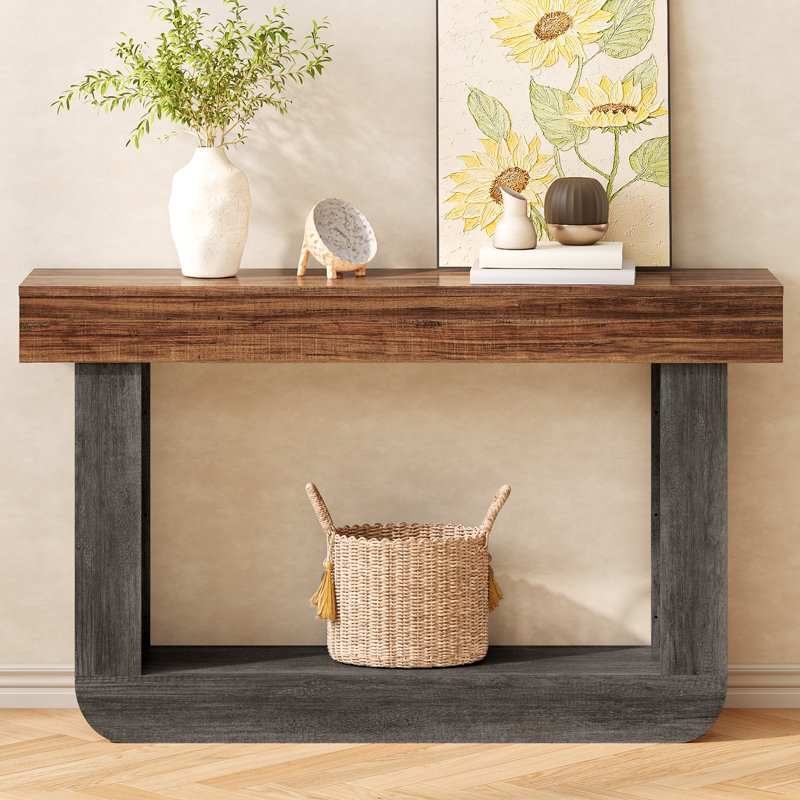 54"Narrow Console Table with U-Shaped Pedestal, Dark Brown, Gray