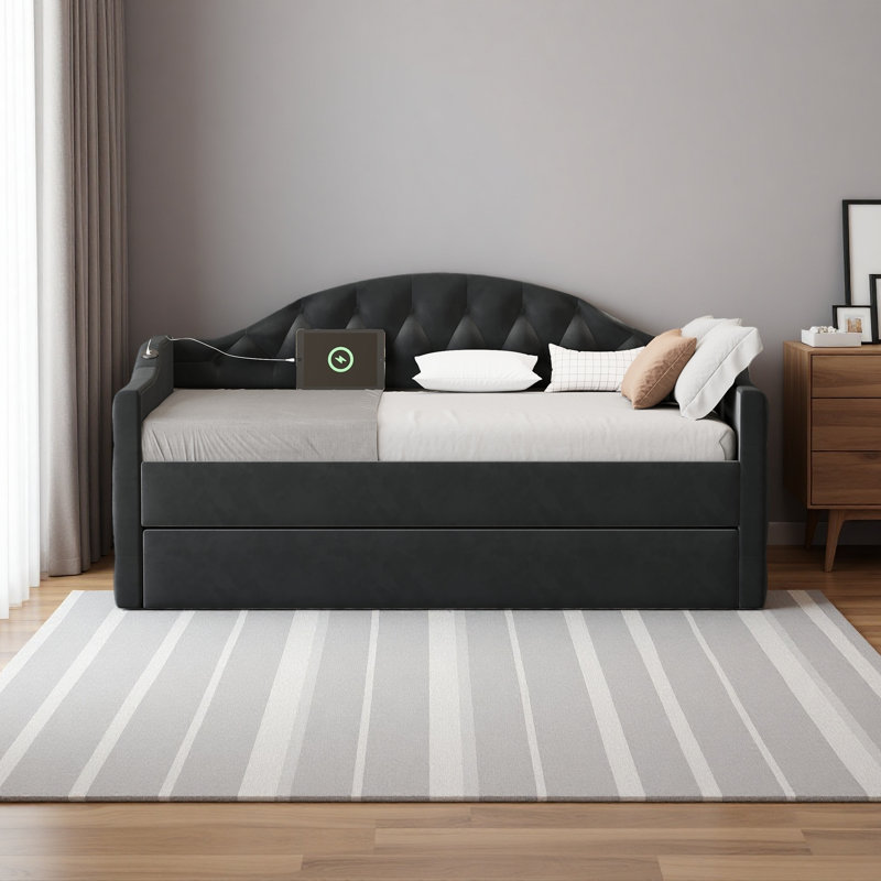 Twin Size Tufted Upholstered Daybed With Trundle, Black