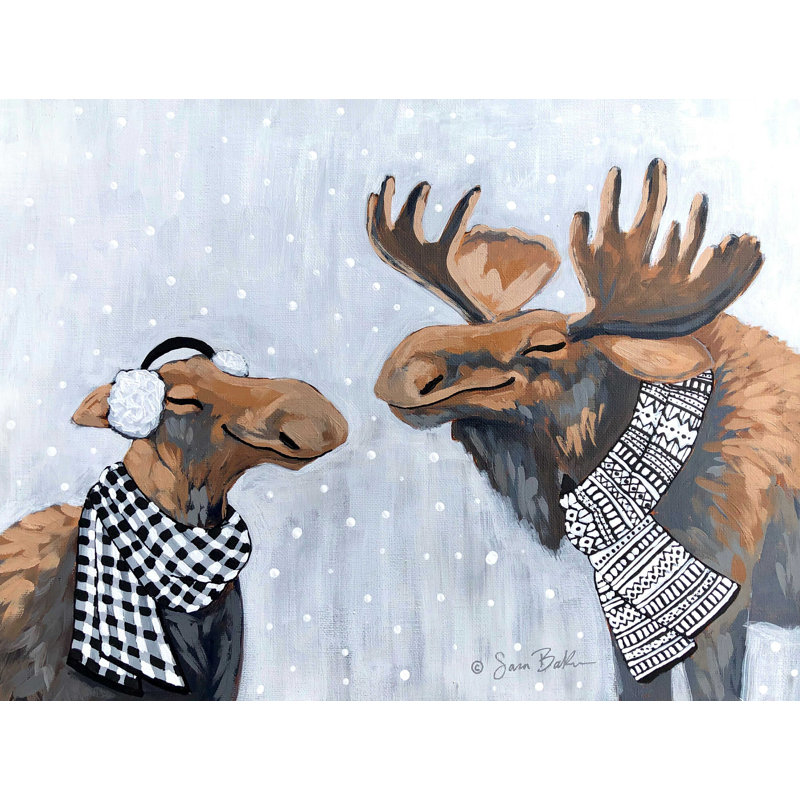 «Winter Moose Kisses» par Sara Baker, reproduction sur toile tendue, H 30 po x l 40 po