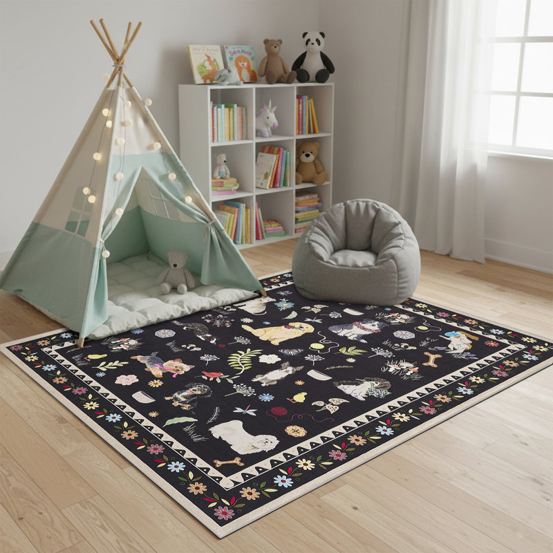 Tapis d'intérieur lavable mignon Black Puppy, Rectangulaire 8 pi x 10 pi, Noir