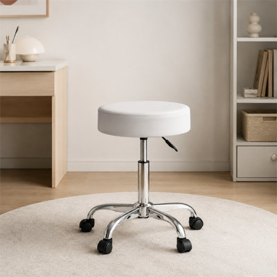 Tabouret de travail roulant blanc réglable avec assise en cuir de polyuréthane rembourré épais, base pivotante à cinq branches pivotante à 360 degrés et capacité de 500 livres