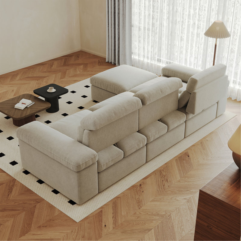 114.2'' Down-Filled Modular Sofa with Adjustable Recline Backrest and Storage Space, Gray