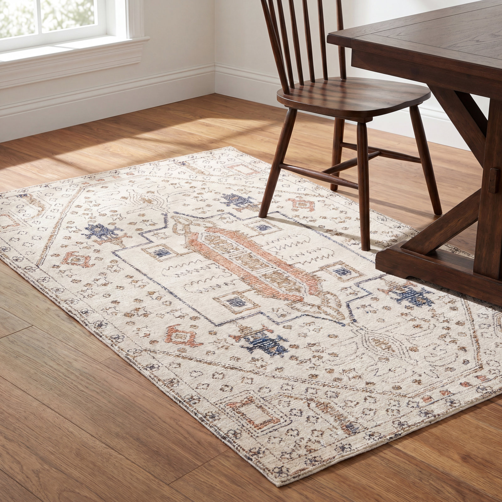 Murphie Handmade Medallion Ivory/Red Area Rug, Rectangle 5' x 8'