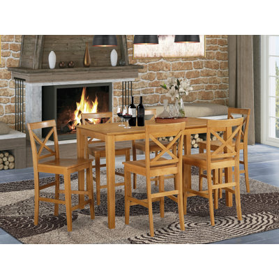 Ensemble de table de salle à manger à hauteur de comptoir 7 pièces comprenant une table de salle à manger rectangulaire et 6 chaises en bois, chêne