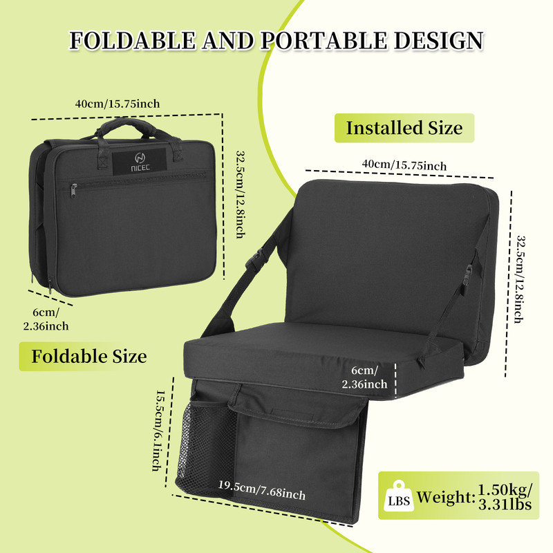 Bleacher Cushion, Stadium Seat with Back Support, Padded, Foldable, Lightweight with Handle for Outdoor Events (2 Pack)