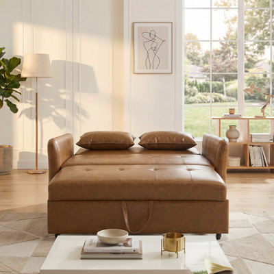 Canapé-lit 51,57 po convertible en tissu d'ameublement en polyuréthane respirant, causeuse à accoudoirs surdimensionnée réglable avec ports USB intégrés pour un petit espace
