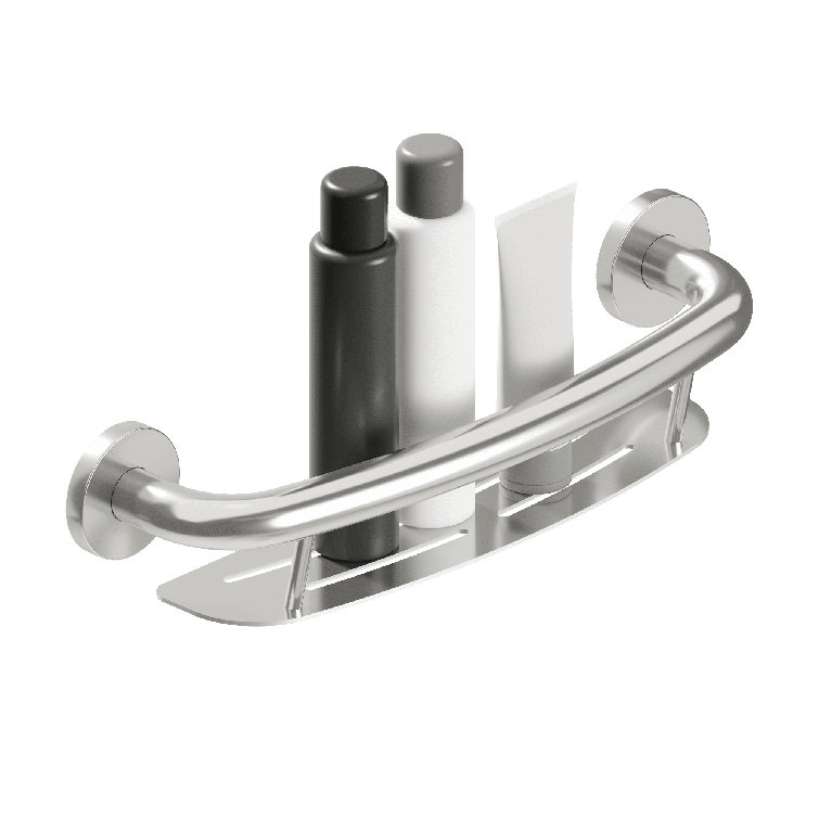 PLUS Shampoo Shelf 16" in Brushed Stainless, Decorative Grab Bar with Shelf (500 lb. Capacity)