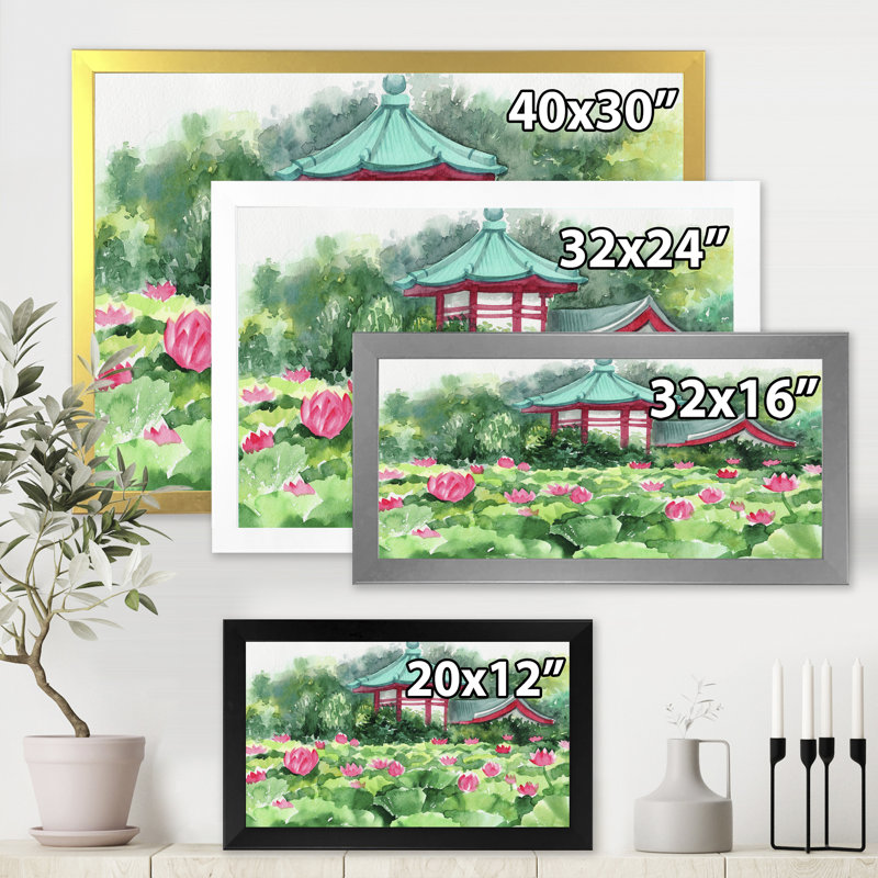 Lotus Lake and Pagoda - reproduction sur toile, Toile avec cadre noir, H 12 po x l 20 po x P 1,5 po