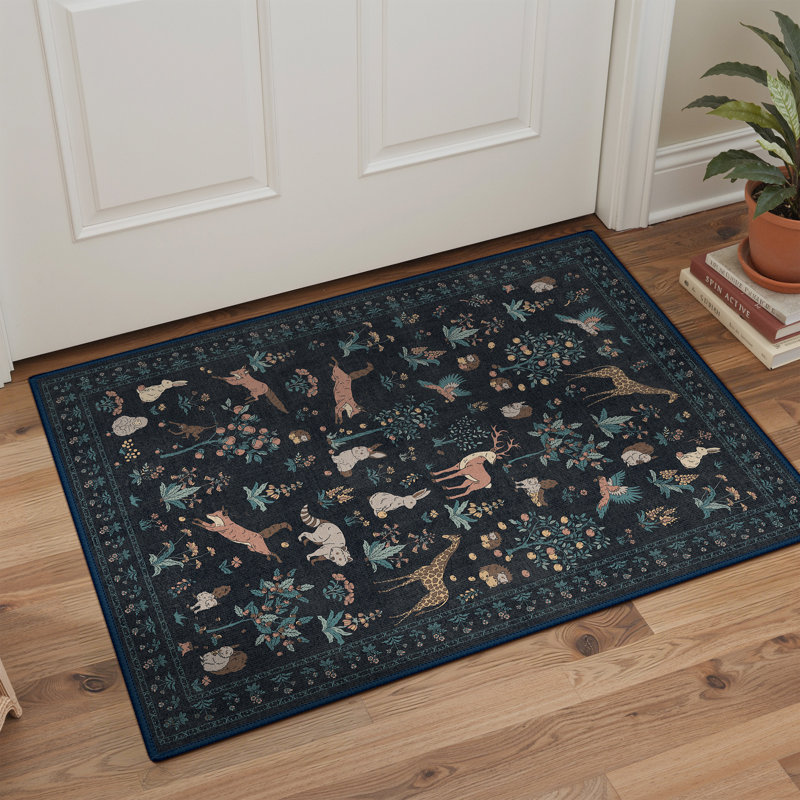 Tapis à imprimé floral et animal Alcoa, Noir, Rectangulaire 2 pi x 3 pi