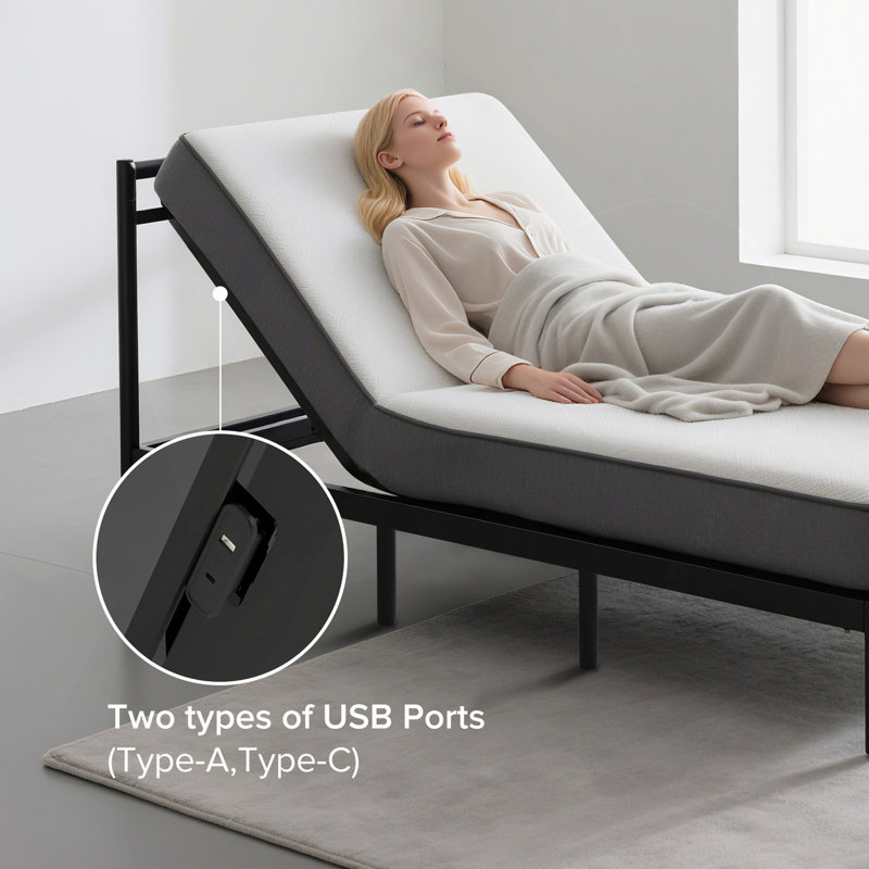 Adjustable Bed Frame With Massage Head & Foot Incline Wireless Remote, Two Types Of USB Ports: Type-A And Type-C, LED Night Light, 4 Height-Adjustable Legs Easy Assembly