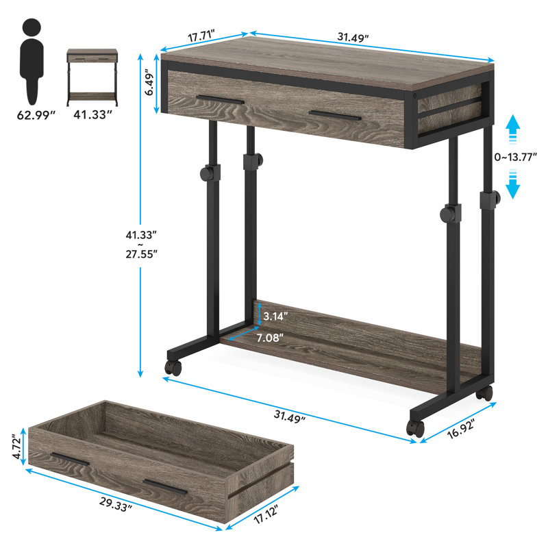 Yanal Height Adjustable Portable Mobile Laptop Desk with Drawers, Standing Desks for Home Office, Gray