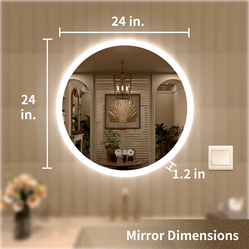 Miroir de salle de bain rond rond sans cadre à lumière DEL antibuée en cristal poli, 24 po x 24 po