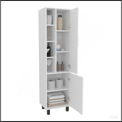 White Linen Cabinet With Open Storage And 2 Doors