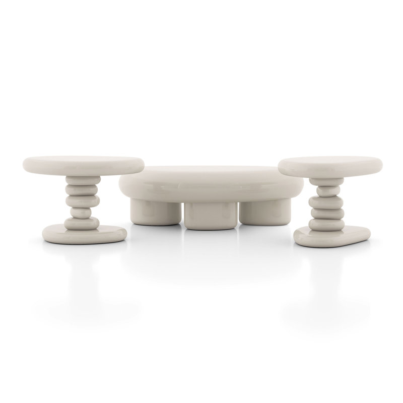 Jahmaal Glossy Coffee Table Set, 3 Pieces: 2 End Tables; Coffee Table, Cream