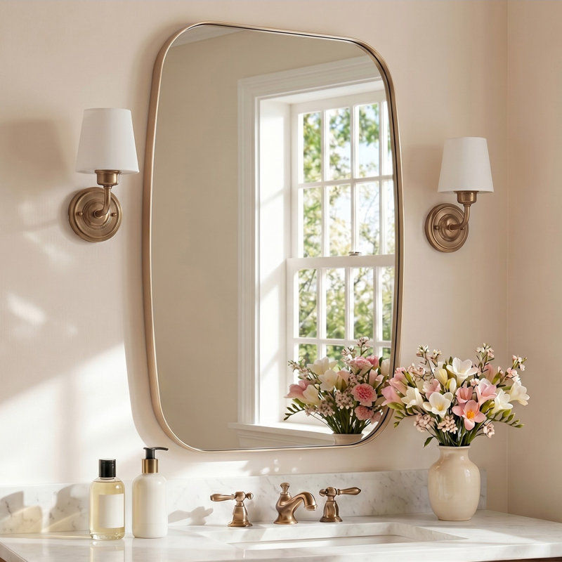 Miroir de salle de bain ovale moderne | Cadre en acier inoxydable, 36 po x 24 po, Champagne Bronze
