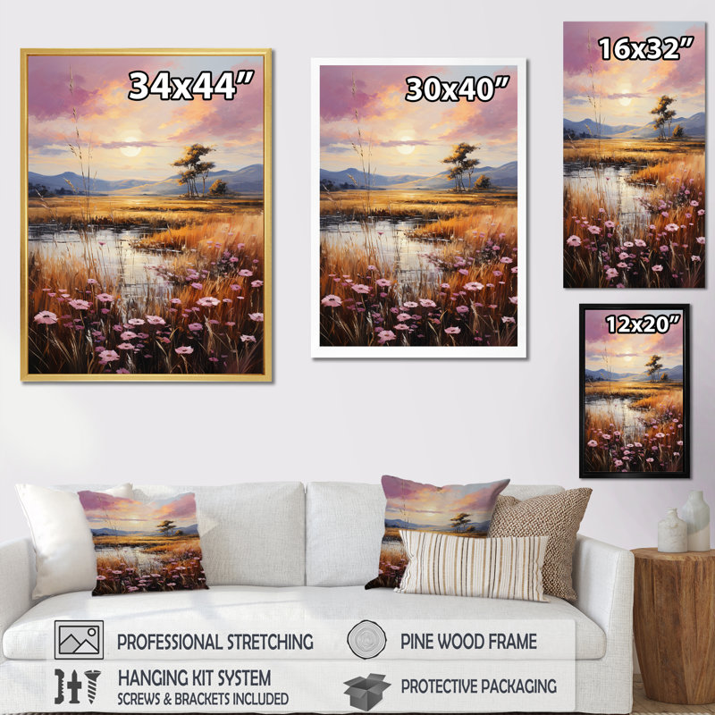Reproduction d'art harmonie naturelle «Sunset I Delights» - prairies, Cadre photo argenté, H 32 po x l 24 po x P 1 po