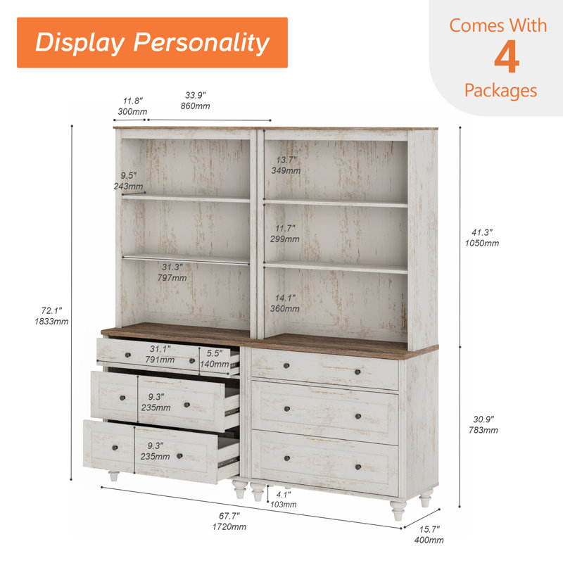 Sideboard Cabinet With Bar Hutch, Buffet Cabinet With Drawers And 3 Tier Shelves, 68'', Rustic White