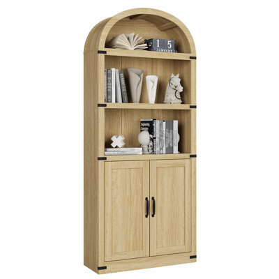 3-Shelf Arched Bookcase with 2 Doors – Farmhouse Wooden Bookshelf with Metal Corner Accents, 71.65" Tall Storage & Display Rack for Home Office, Living Room, Bedroom, and More